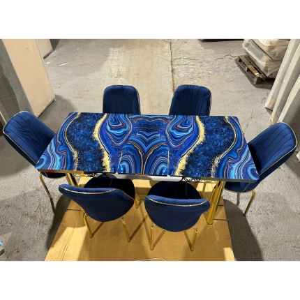 Blue and Gold Resin Dining Table with Chairs.