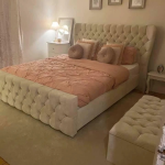 CREAM CRUSH VELVET SLEIGH DOUBLE  BED