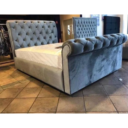 NEW SILVER CRUSH VELVET SLEIGH DOUBLE BED