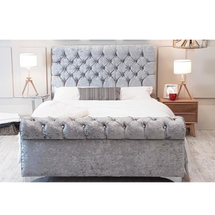 NEW SILVER CRUSH VELVET SLEIGH DOUBLE BED