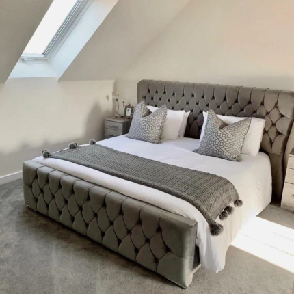 SILVER CRUSH VELVET SLEIGH DOUBLE BED/ AVAILABLE IN ALL COLOURS